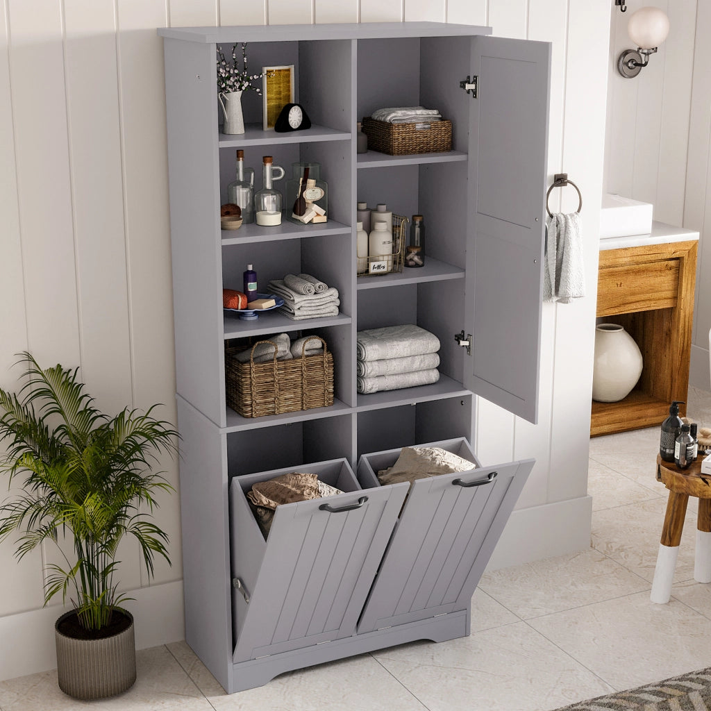 Armadietto da bagno con cesti portabiancheria e ripiani regolabili per bagno in MDF grigio 78 × 35 × 172 cm
