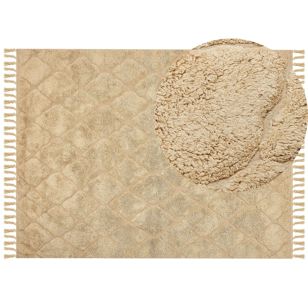 Tappeto beige in cotone trapuntato motivo geometrico con nappe 160 x 230 cm stile boho soggiorno camera da letto
