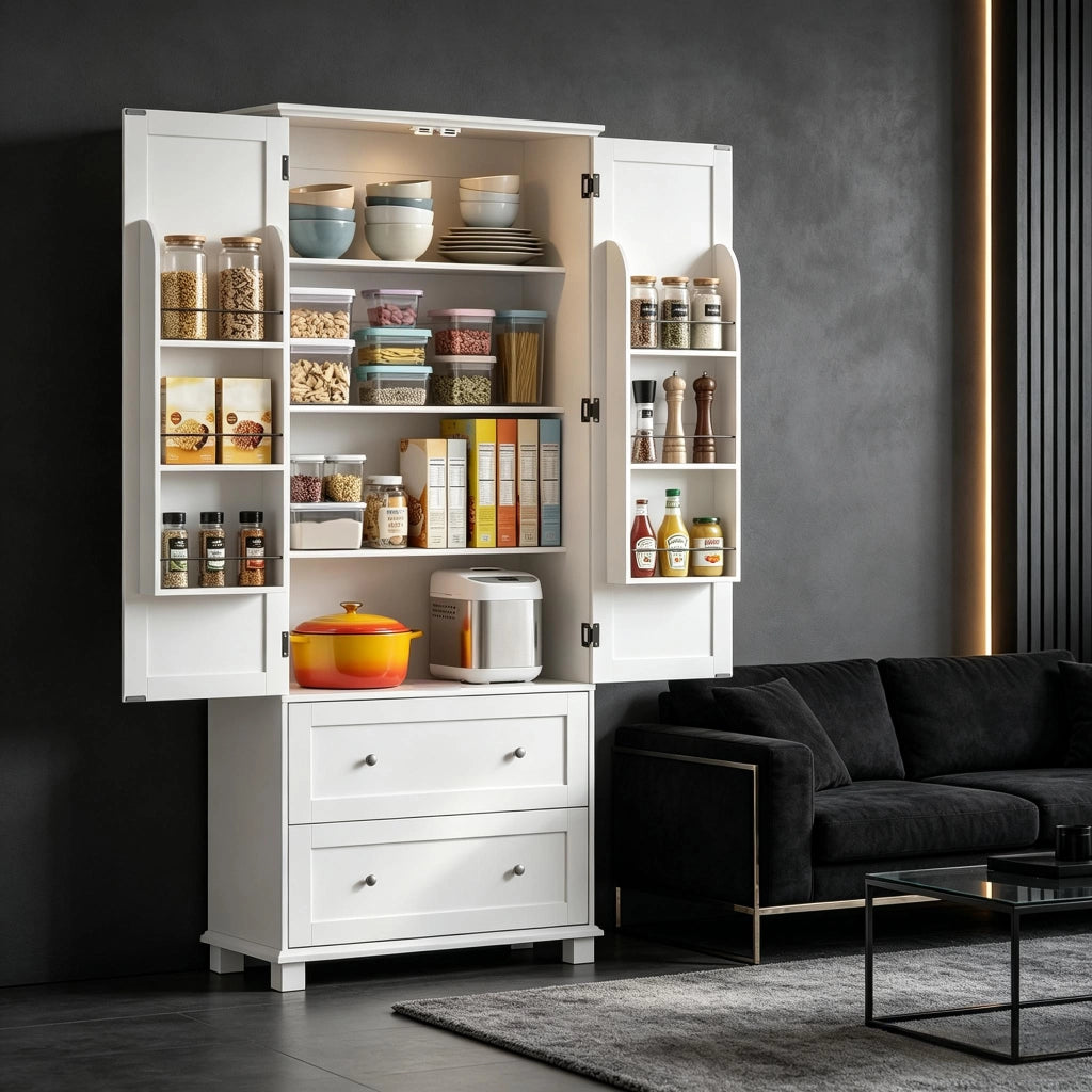 Credenza alta da cucina con 2 ante, 2 cassetti, 6 vani e ripiani regolabili, per cucina e sala da pranzo, bianco