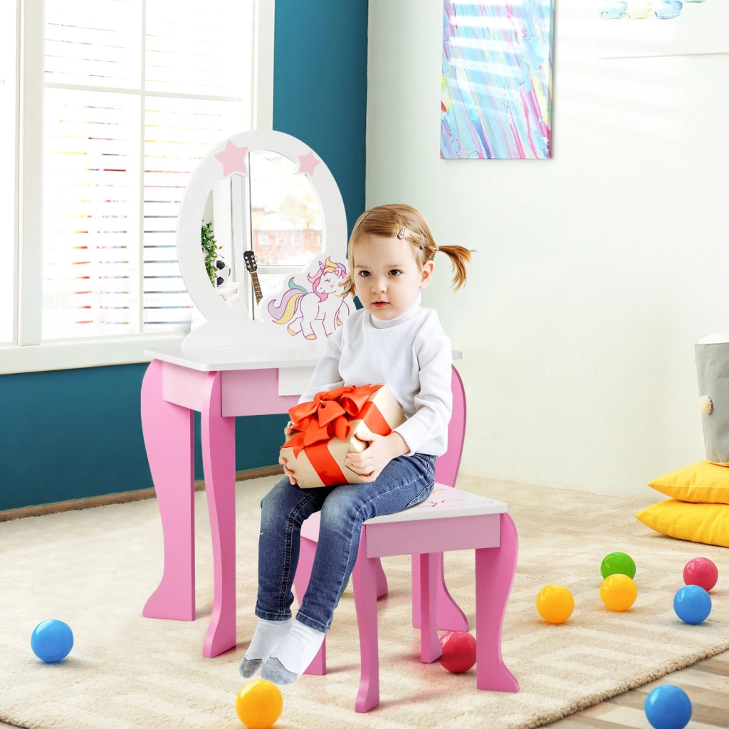 Toeletta per bambine, toeletta principesse con sgabello specchio smontabile e cassetto, Rosa e bianco-Toelette per bimbi