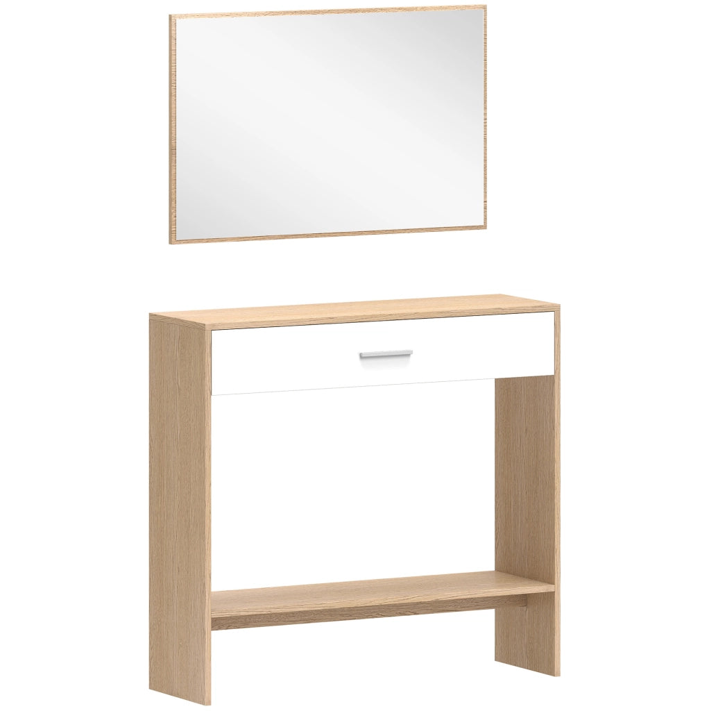 Consolle da ingresso con specchio da parete; cassetto e ripiano; MDF; naturale
