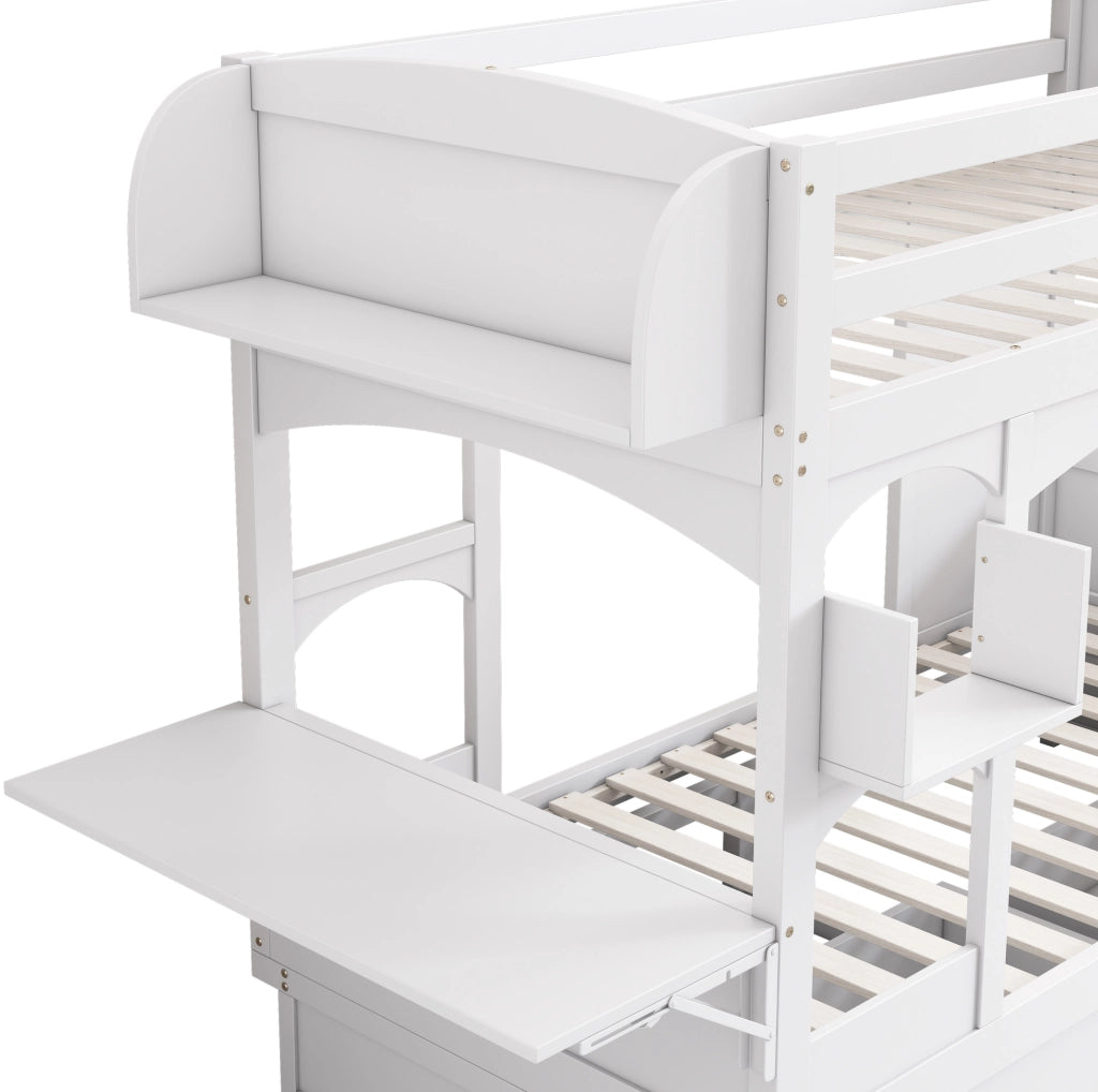 Letto a castello per bambini 90x200 cm con scrivania pieghevole; 2 cassetti; legno bianco