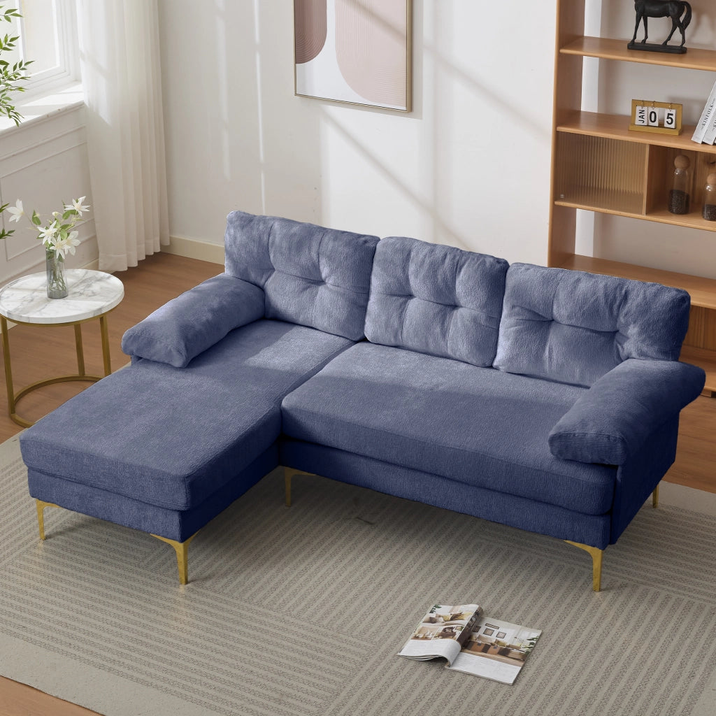 Divano angolare reversibile a 3 posti con cuscini imbottiti, braccioli larghi, struttura in legno, in tessuto chenille blu