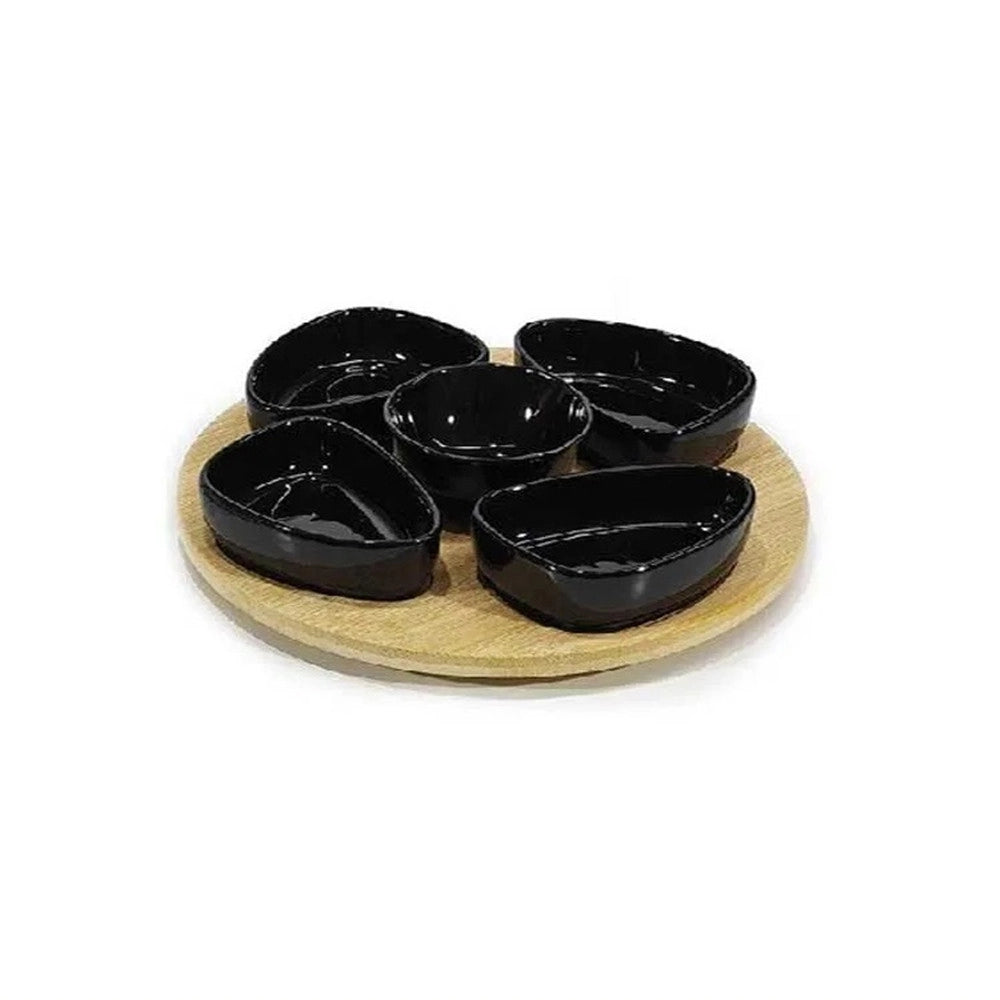 Trade Shop - Set Antipastiera Vassoio Girevole ø27cm In Bamboo Con 5 Ciotole Da Portata Snack Apertivi -