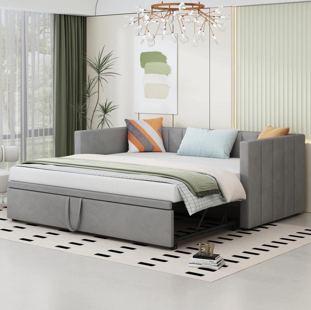 Letto imbottito 90x200 cm estraibile con rete in velluto grigio