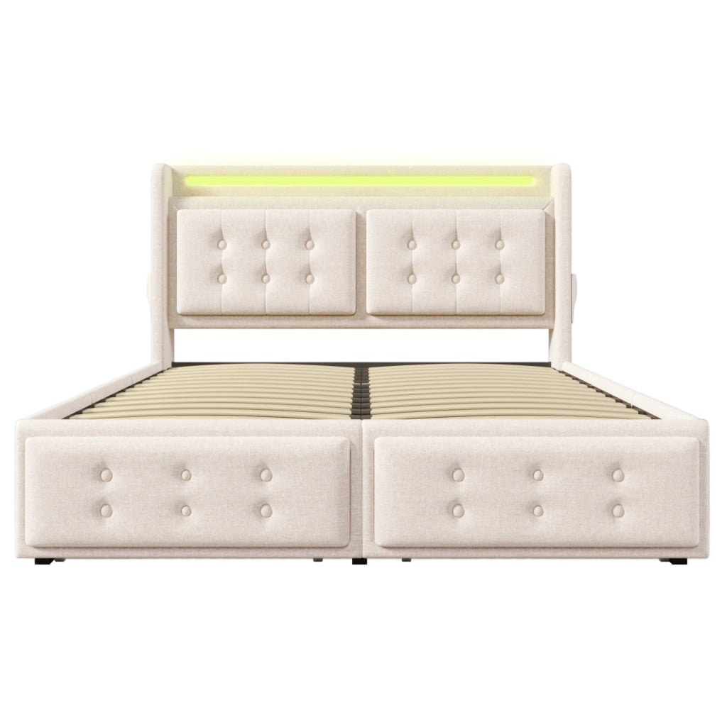 Letto contenitore 140x200 cm con LED; USB C; USB e 4 cassetti; beige