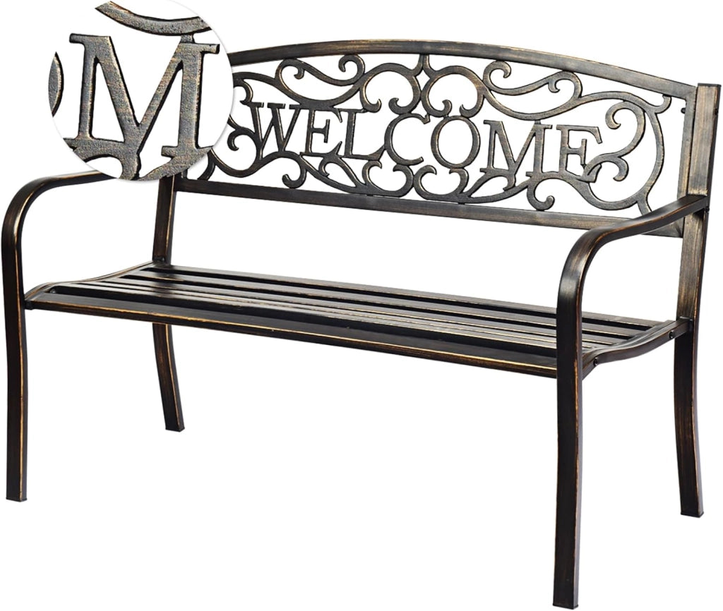 Panchina da Esterno, Panca di Metallo con Schienale Bello, Sedile Ampio e Braccioli Ergonomici, Panchina da Giardino, Balcone e Cortile, Portata 320 kg, 127 x 63,5 x 89 cm (Bronzo)