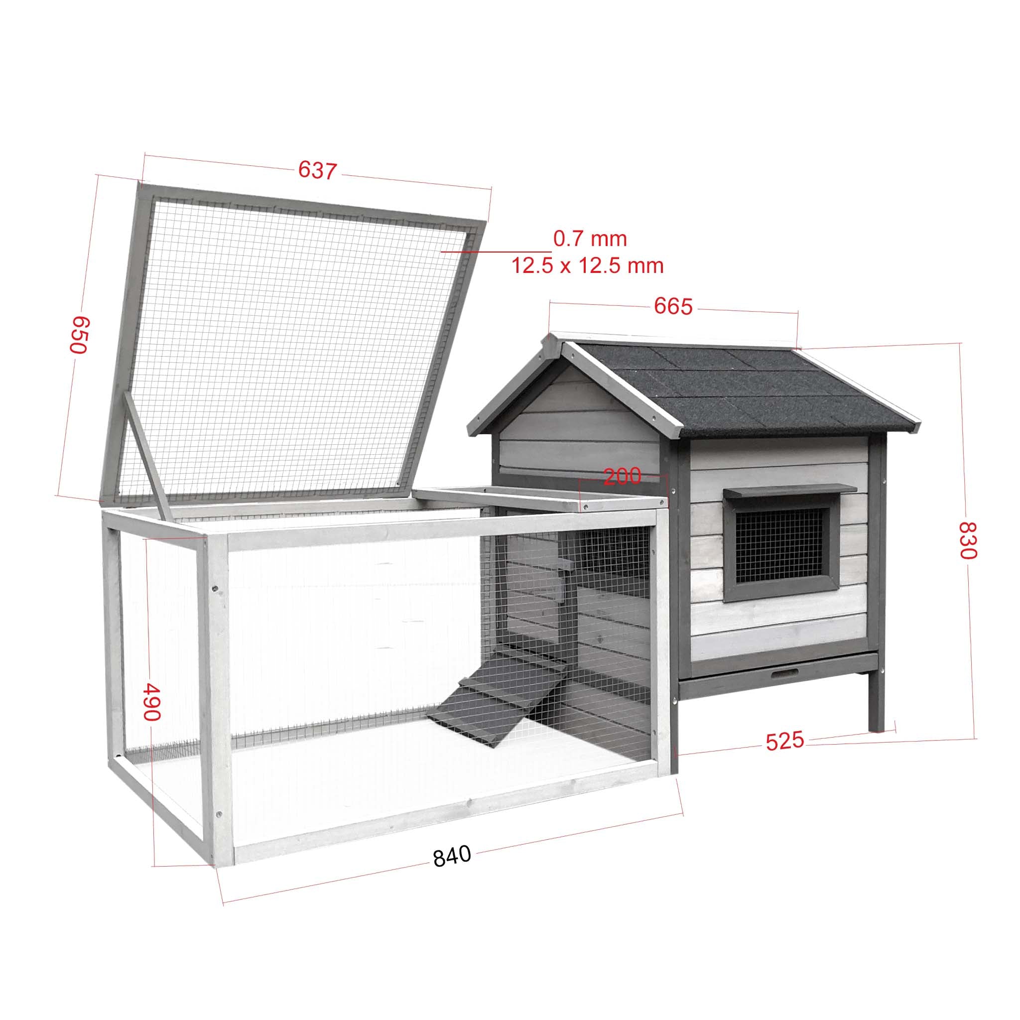 Conigliera in legno grigio chiaro 146x75x83cm con recinto e vassoio estraibile per la pulizia