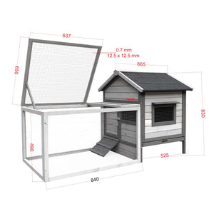 Conigliera in legno grigio chiaro 146x75x83cm con recinto e vassoio estraibile per la pulizia