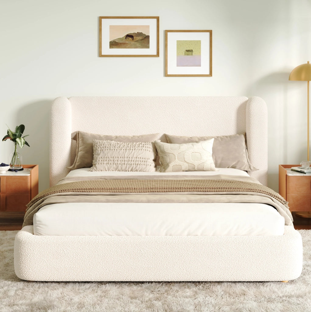 Letto matrimoniale imbottito con contenitore; bouclé beige; 219x189x100 cm