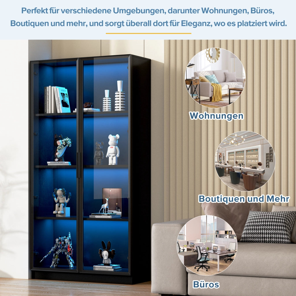 Vetrina con 4 Ante in Vetro e Telaio in Alluminio; LED Controllato via App; Ripiani Regolabili; Stile Moderno; in Truciolare; Nero