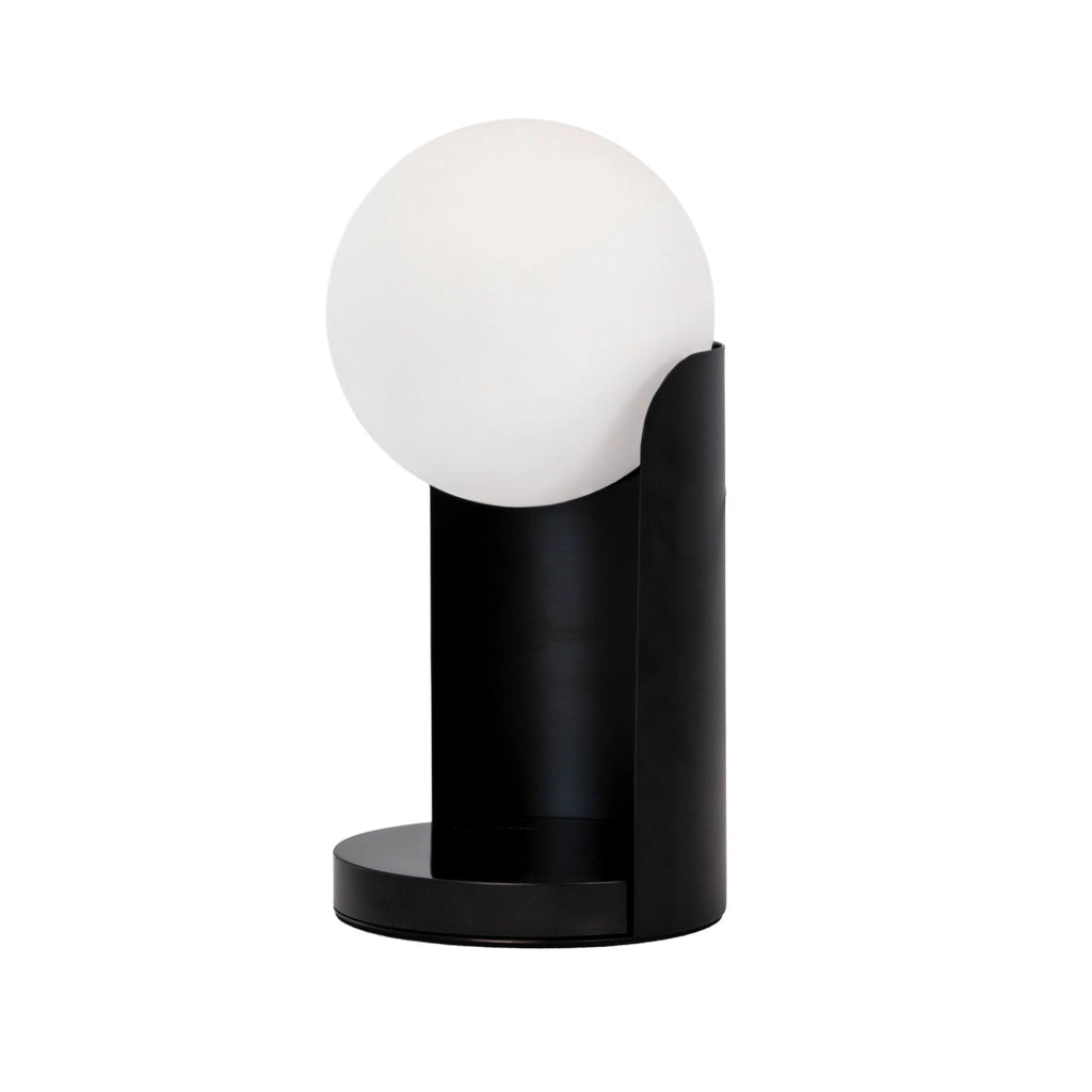 Lampada da tavolo in vetro bianco e acciaio nero