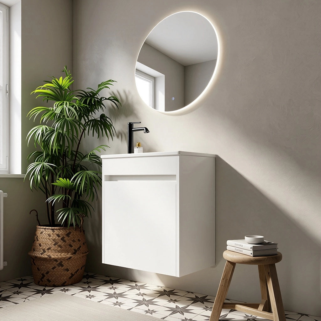 Mobile bagno bianco 46 cm con ampio spazio contenitore e 1 porta con chiusura morbida