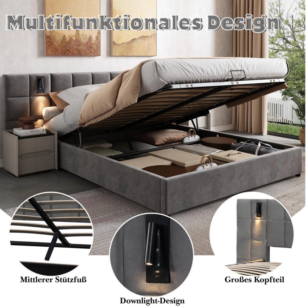Letto matrimoniale imbottito 180x200 cm grigio con contenitore; lampada da lettura e USB