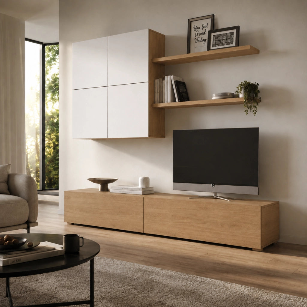 Parete Attrezzata Per Soggiorno Con Base TV 2 Ante Pensile 4 Ante E 2 Mensole Design Contemporaneo In Melaminico Facile Da Pulire Bianco E Rovere