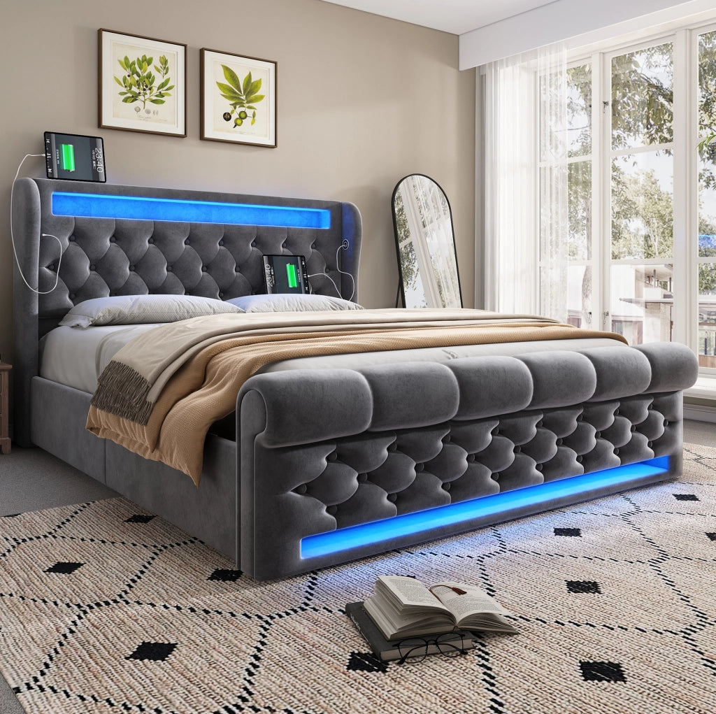 Letto matrimoniale imbottito 140x200 cm in velluto grigio con LED e porta USB Type-C