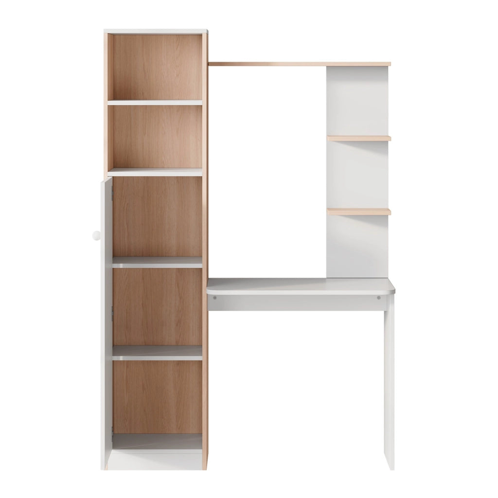 Scrivania con contenitore e scaffalature aperte, design moderno bianco e effetto legno, 123,5x45x168,5 cm