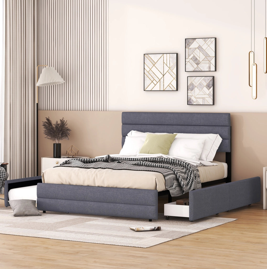 Letto piattaforma grigio con cassetti e letto estraibile 140 x 200 cm