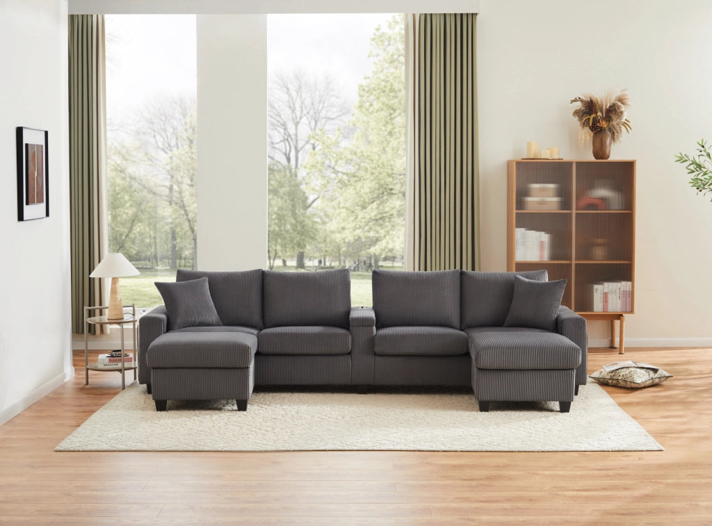 Divano a U in velluto a coste grigio con LED, USB/Type-C e 2 pouf