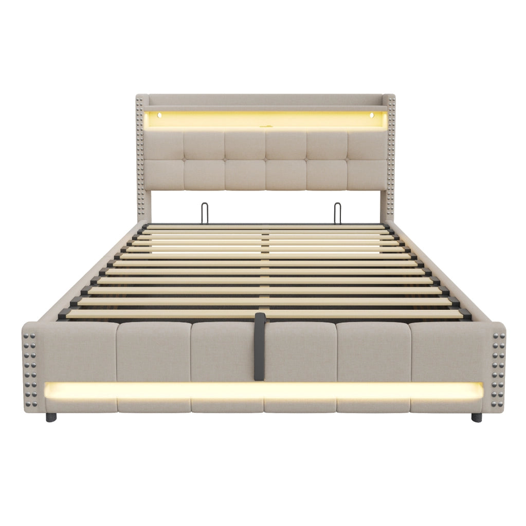 Letto matrimoniale imbottito 180x200 cm in tessuto effetto lino beige con LED; USB e contenitore