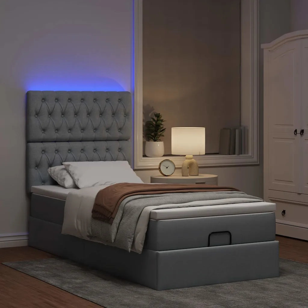 Pouf Letto con Materasso e LED Grigio Chiaro 90x200 cm Tessuto
