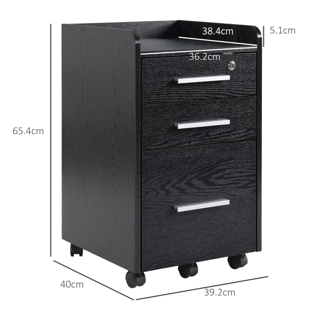 Cassettiera 3 Cassetti in Legno con Chiavi e Ruote ¨C Zephmum ¨C Nero 39.2x40x65.4 cm