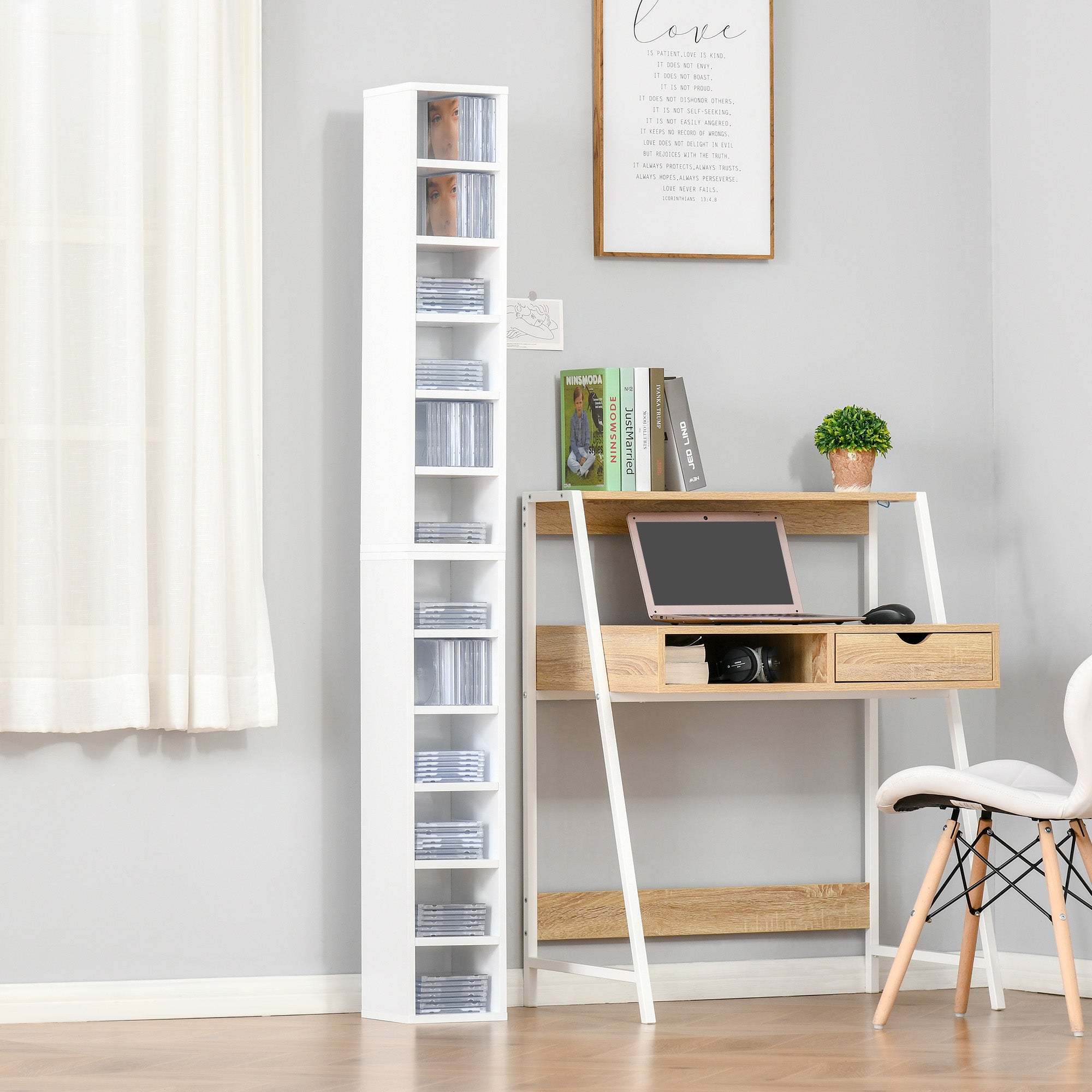 Set 2 Pezzi Mobile Libreria Porta CD 21x19.2x88,3 cm in Legno Bianco