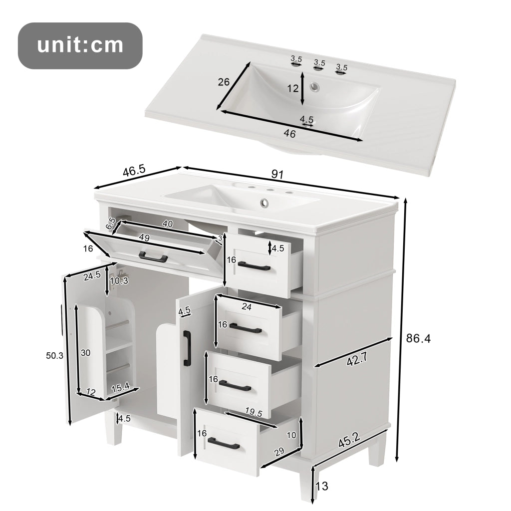 Mobile bagno freestanding 90¡Á46¡Á87 cm, lavabo in ceramica, 4 cassetti, vano ribaltabile, armadio 2 ante, bianco, maniglie nere.