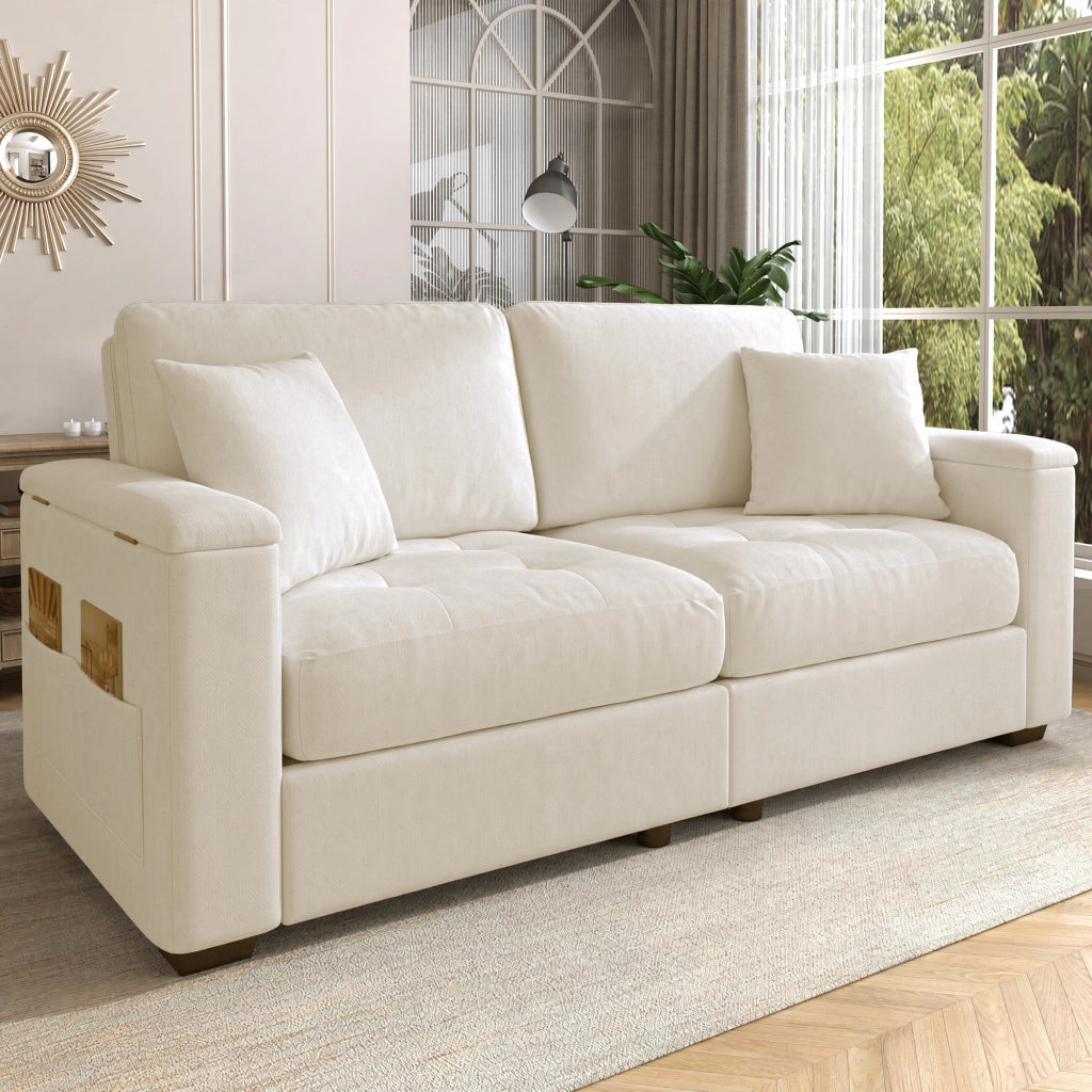 DIVANO 2 POSTI con vano portaoggetti nei braccioli 180 cm Chenille Beige con 2 cuscini