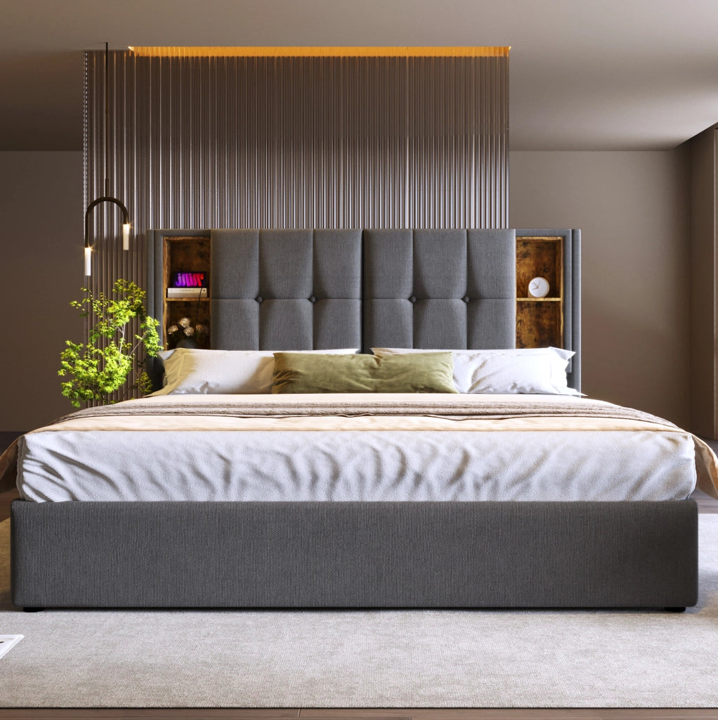 Letto matrimoniale imbottito ULEVR 160x200 cm con contenitore, ricarica wireless, USB e Type-C, cotone grigio