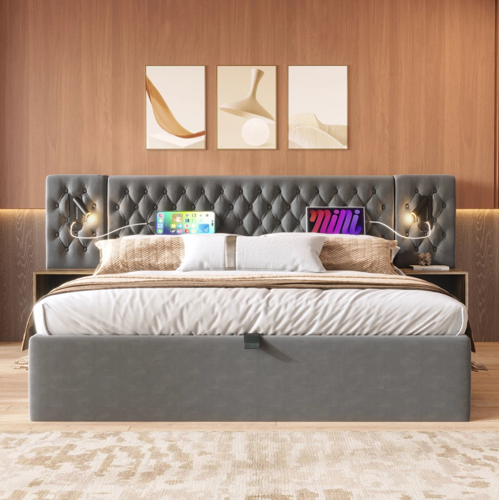 Letto matrimoniale 180x200 cm con contenitore idraulico; 2 comodini; luci LED e porte USB/Type-C; grigio velluto