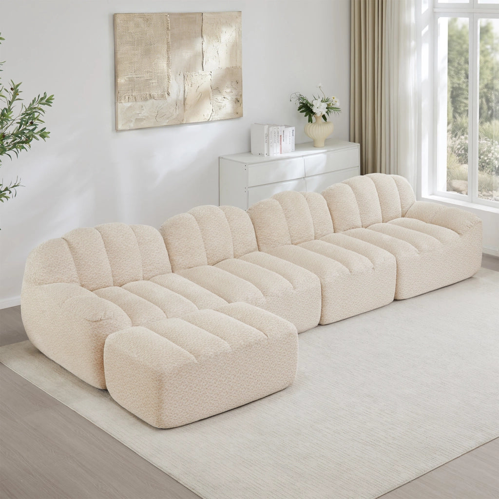 Divano angolare modulare 4 posti con ottomano in fleece granulato per soggiorno beige bianco 366 × 165 × 79 cm