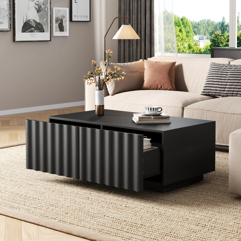 Tavolino basso con 2 cassetti e frontale a onde, per soggiorno, in MDF e pannello truciolare, nero, 100 × 50 × 40 cm