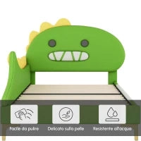 Letto Imbottito per Bambini 4+ Anni a Forma di Dinosauro con Doghe in Legno, Rivestimento in Pelle PU, Senza Materasso, 90×200 cm, Verde