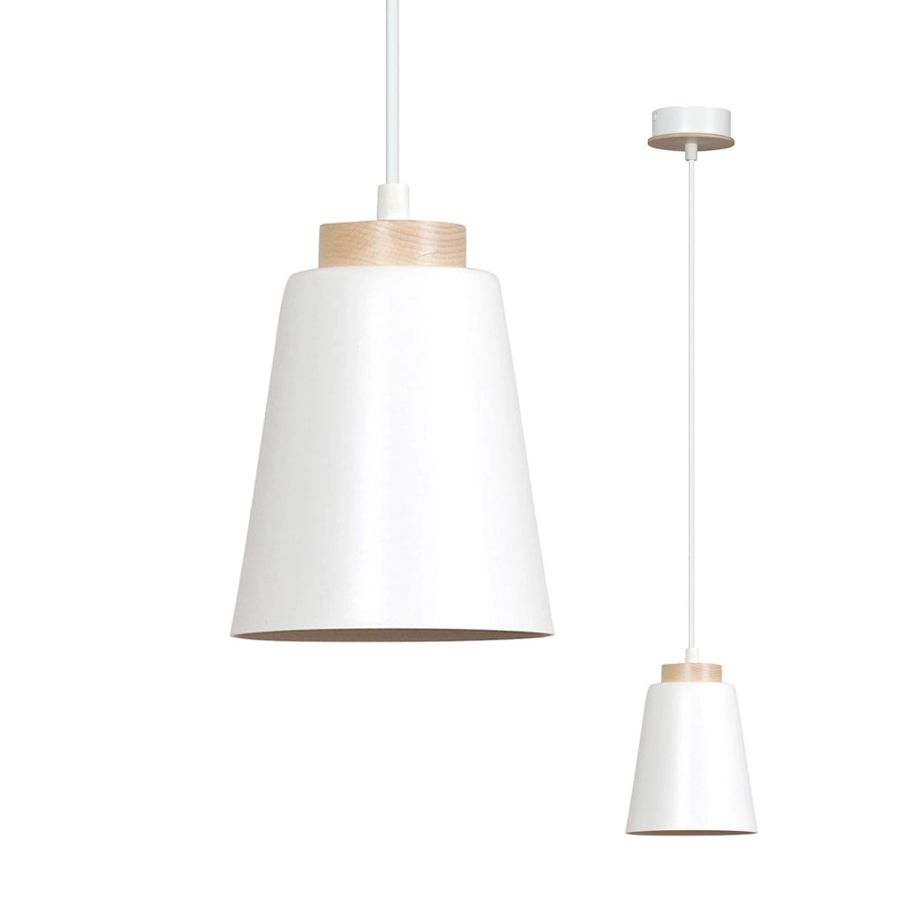 Sospensione 1 Luce Lancillotto A Cono In Acciaio Bianco E Legno Naturale