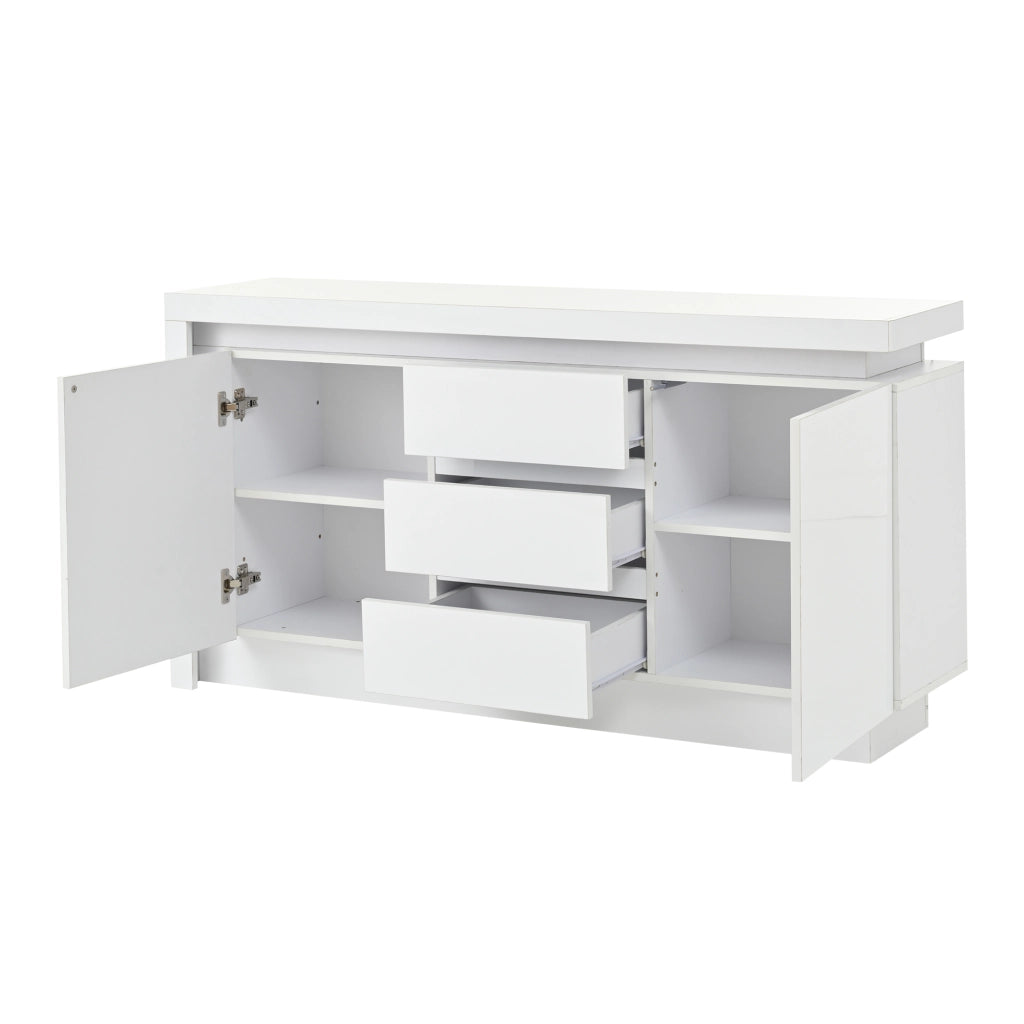 Credenza con 2 ante; 3 cassetti e LED - per soggiorno - 140×35×72 cm - bianco
