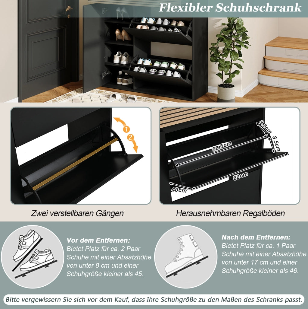 Scarpiere slim con cassetto; 2 ante a ribalta e vano laterale; 100x35x105 cm; nero e legno