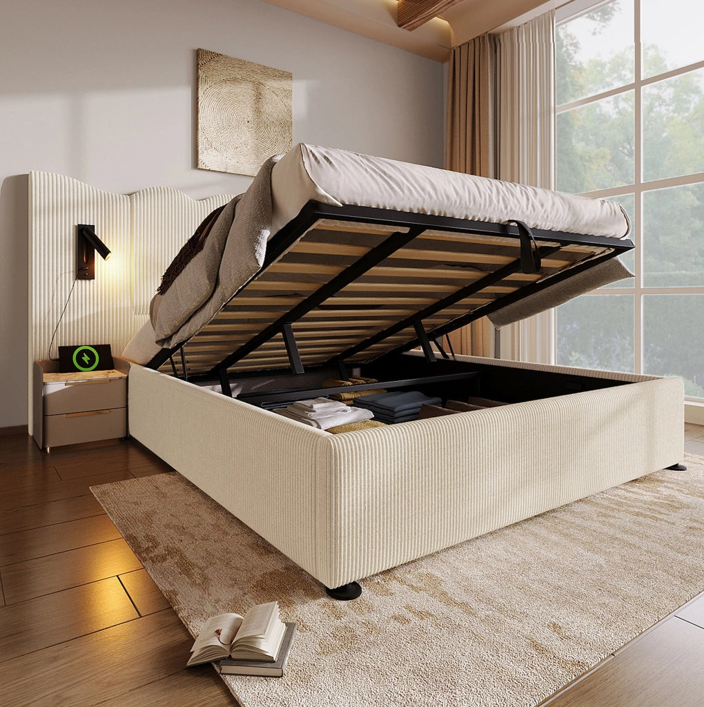 Letto matrimoniale con contenitore 180x200 cm; lampada orientabile; USB e Type-C; velluto a coste beige