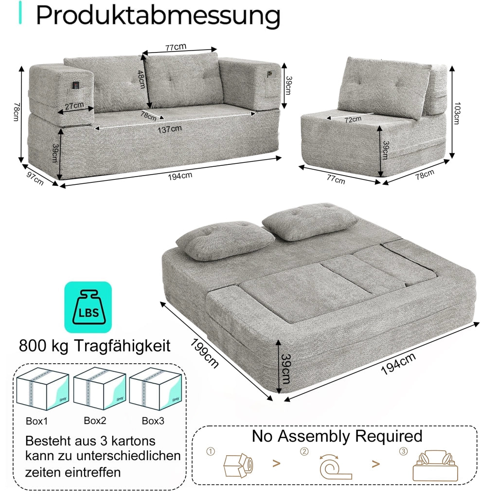Divano Letto Modulare con Poltrona Pieghevole ¨C MINIMAL ¨C Grigio Chiaro