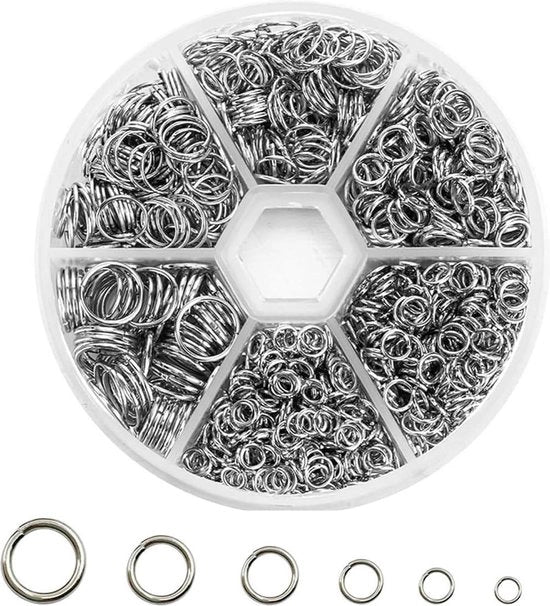 Set di Anelli Spring a 6 Misure con Cassetta - RVS - 1040 Anelli - per Creazione di Gioielli DIY