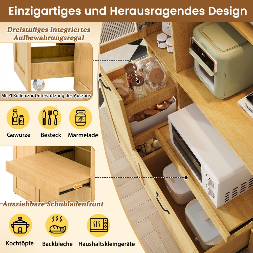 Credenza alta con ripiani regolabili e cassetto, ante in vetro rigato per cucina, in MDF naturale, 98 × 40 × 177 cm