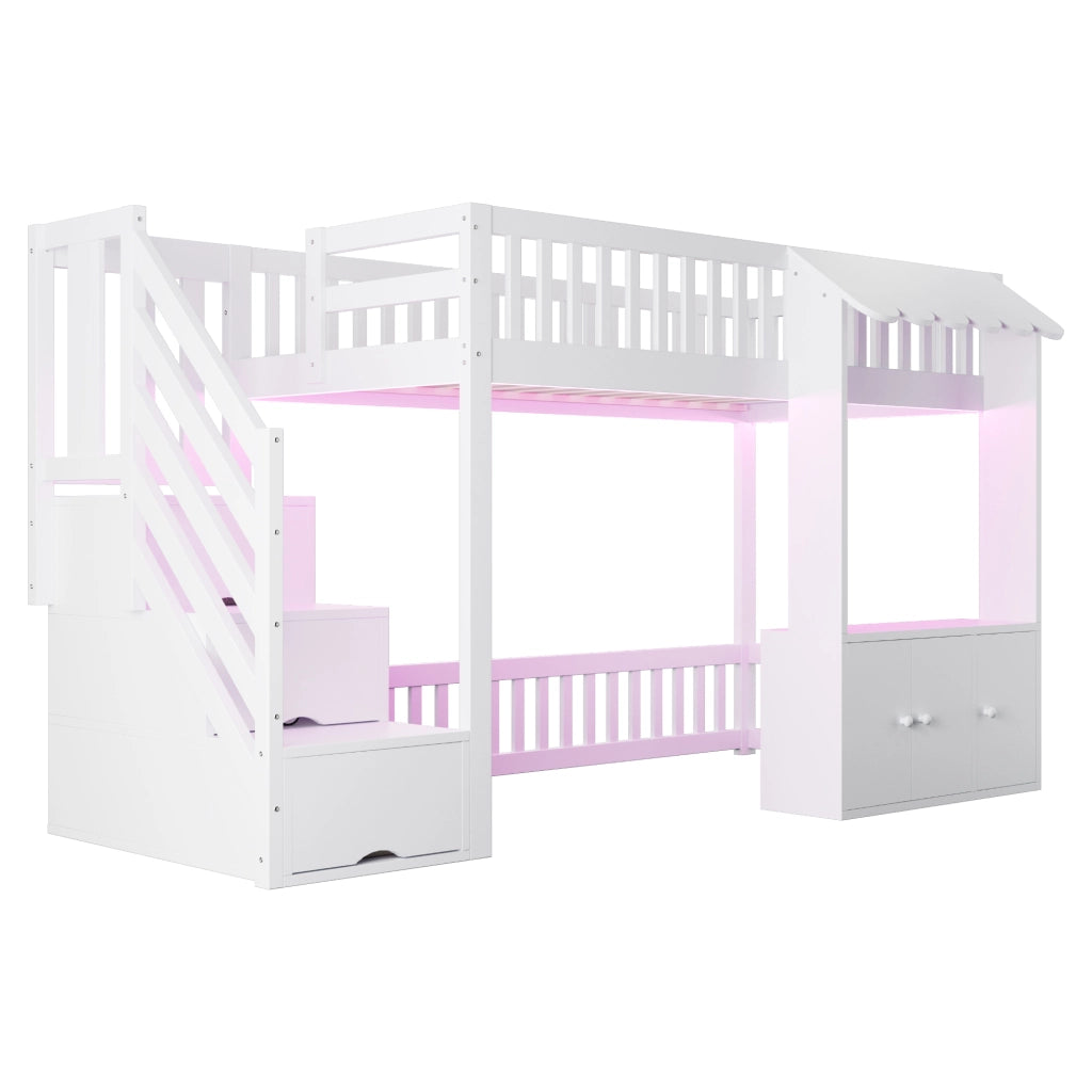 Letto a soppalco singolo 90×200 cm con scala contenitore; luci LED e vano portaoggetti; senza materasso; bianco