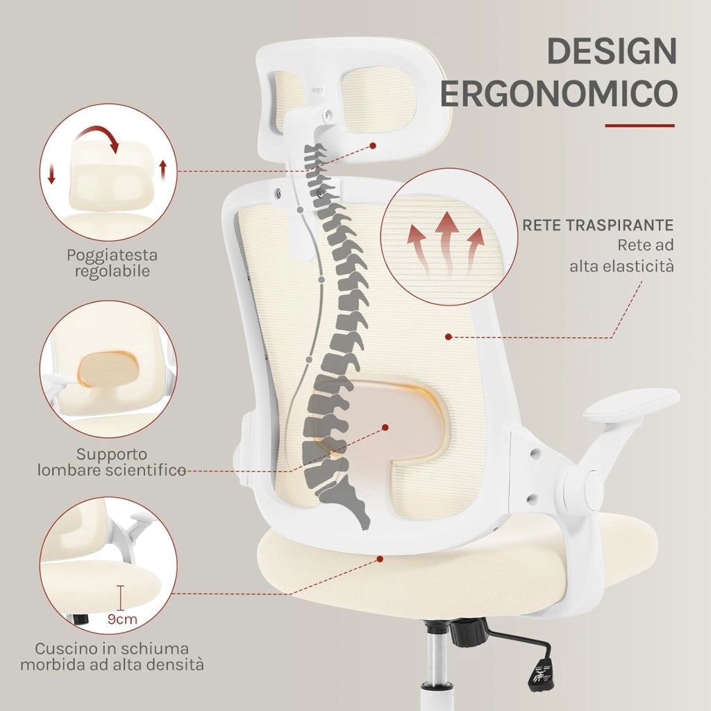 Sedia Ufficio Ergonomica con Poggiatesta e Braccioli Regolabili, Supporto Lombare, Poltrona Scrivania Girevole in Rete Traspirante Funzione Dondolo, Beige