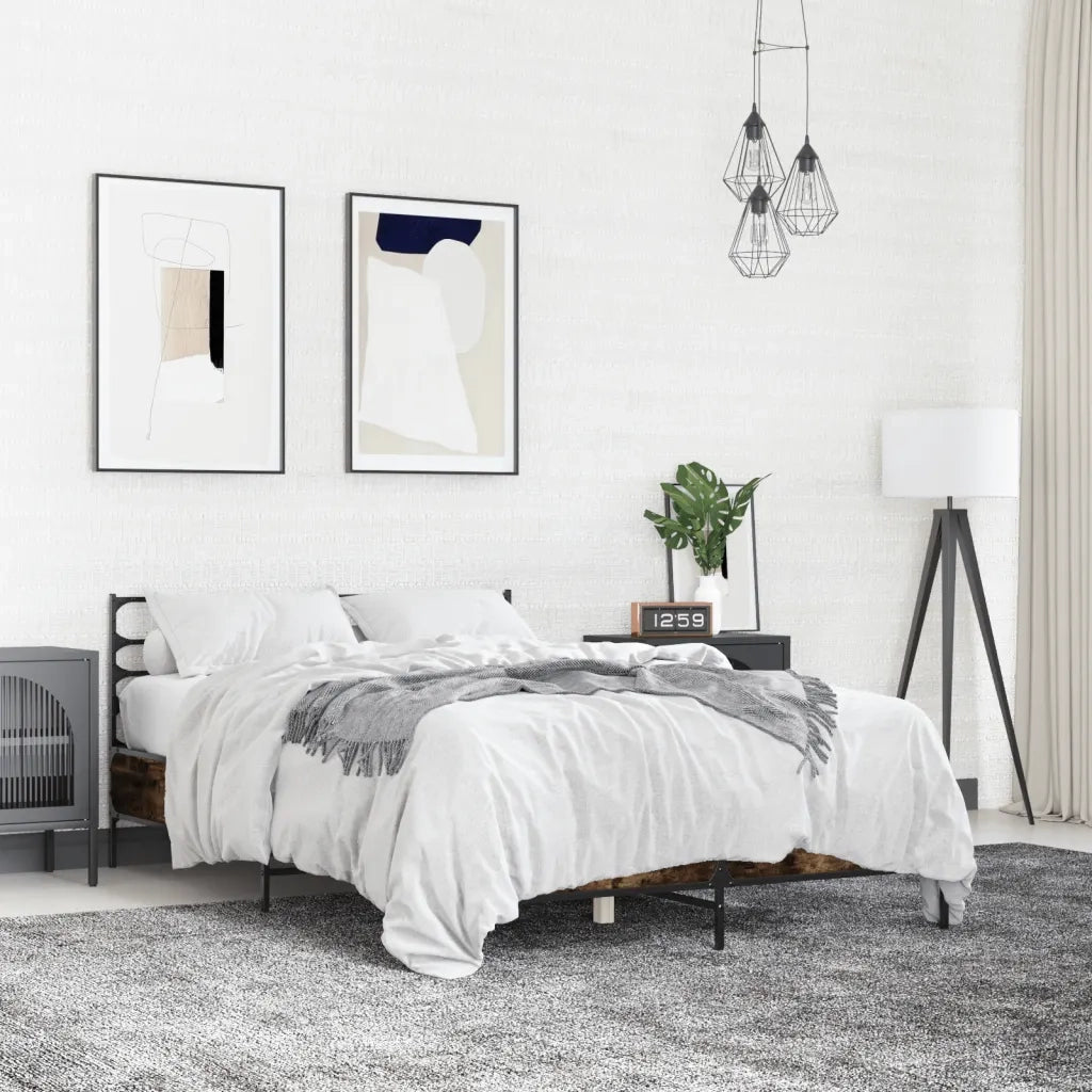 Letto matrimoniale | Letto per adulti | Giroletto Rovere Fumo 135x190 cm in Legno Multistrato Metallo