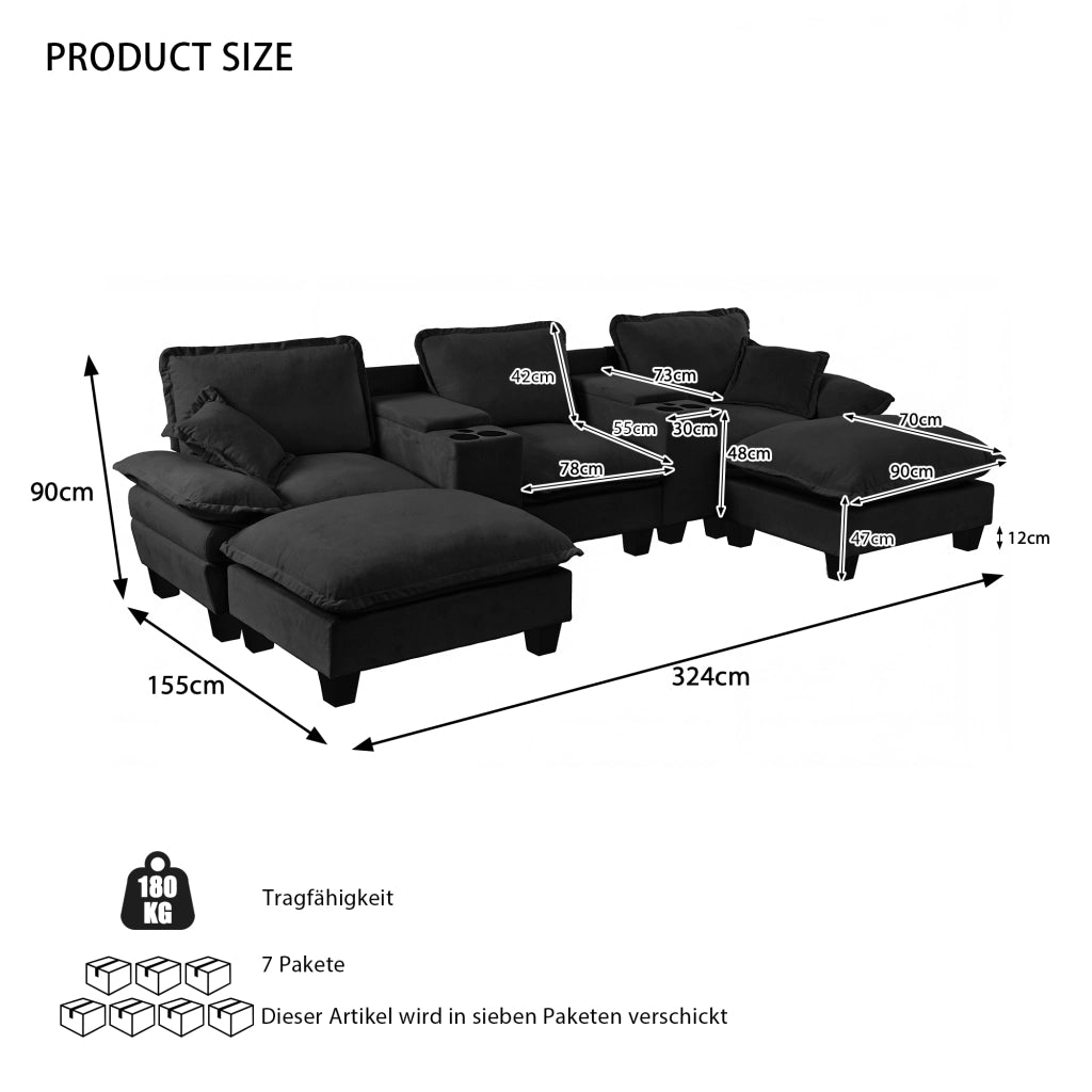 Divano panoramico a U modulare con contenitore; portabicchieri e USB in ciniglia - nero 323×151×90 cm