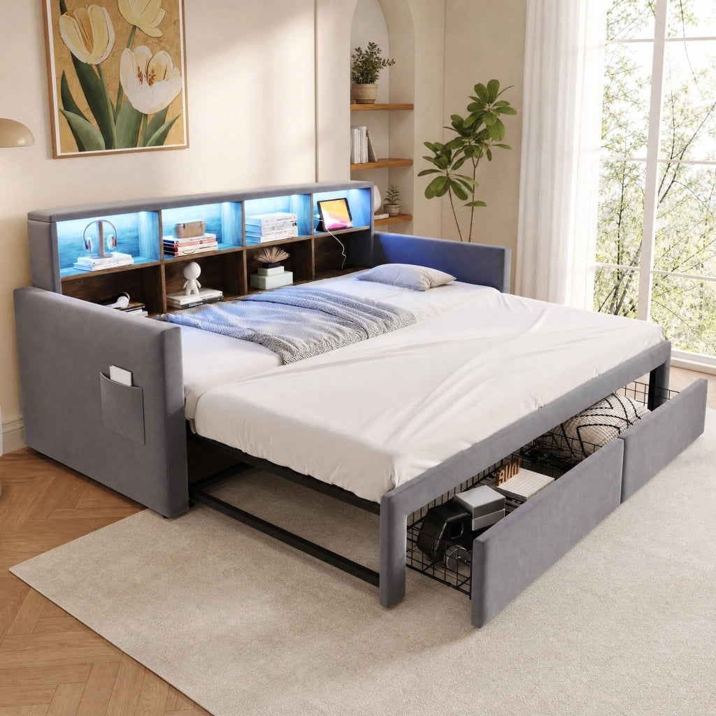 Letto imbottito estraibile 90x190 cm con contenitore, LED, prese USB/Tipo C, due cassetti e rete a doghe, velluto grigio chiaro