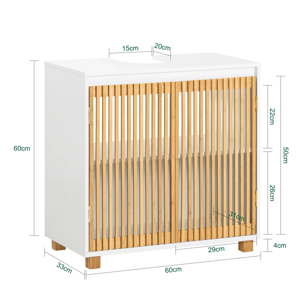 Mobile Sottolavabo Con Due Ante In Bambù Mobile Base Mobiletto Del Bagno Senza Lavandino Bianco-Naturale 60x33x60cm BZR125-W SoBuy