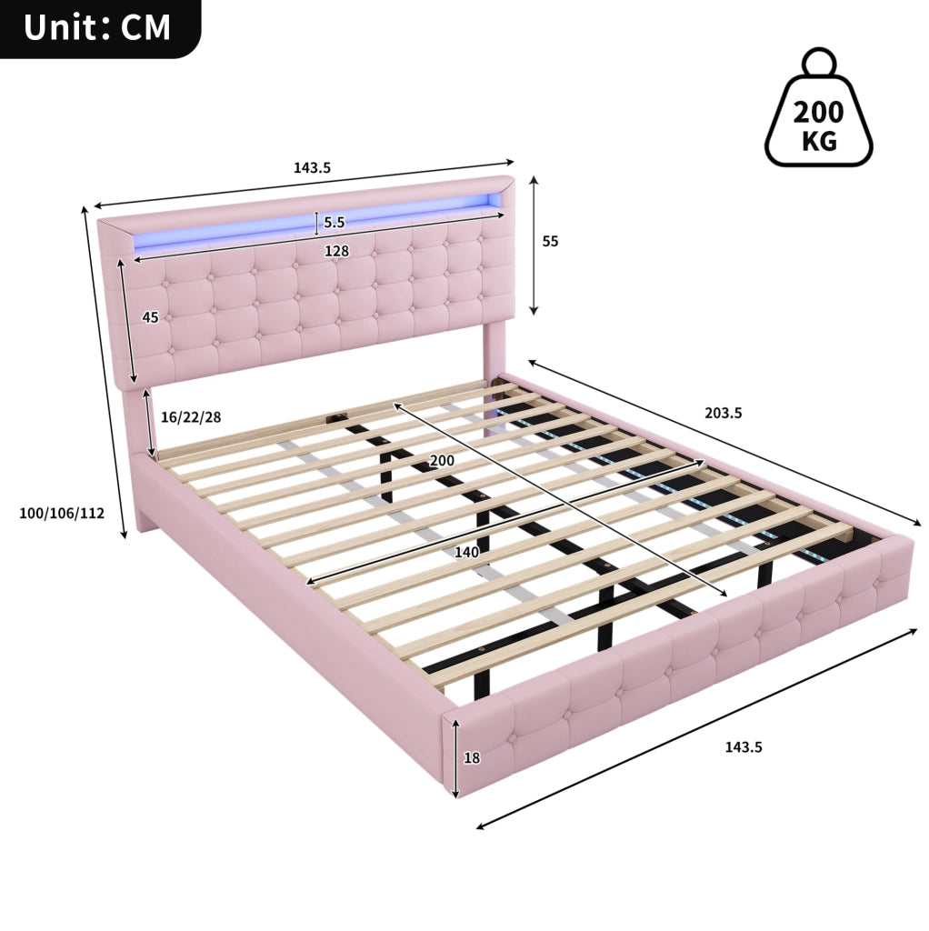 Letto flottante 140x200 cm con luce LED e testiera regolabile, rosa