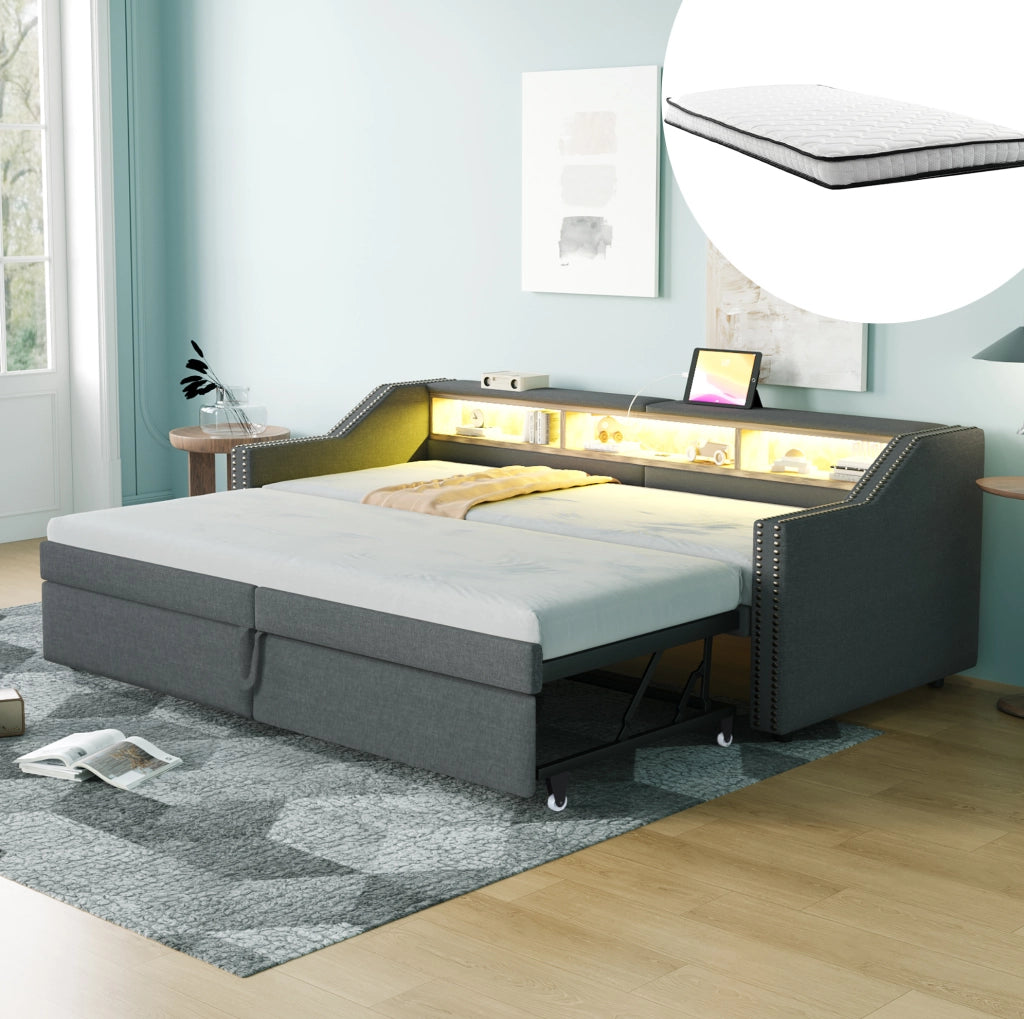 Divano letto imbottito estraibile 90/180 x 200 cm in tessuto grigio scuro con USB e LED