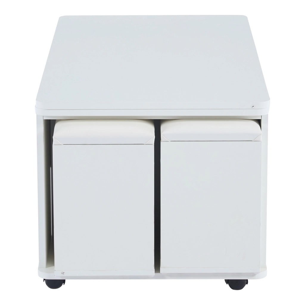 Tavolino multifunzione 100x50x45 cm; piano sollevabile con 4 sgabelli; truciolato; bianco